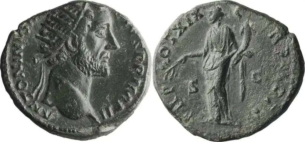 Ancient Roman 156 n. Chr. Antoninus Pius with overstruck reverse. Dupondius | Online bestellbar