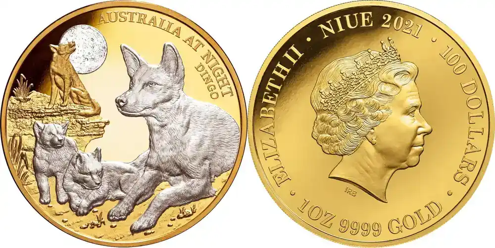 Niue 100 2021 1 oz Goldmünze Australien bei Nacht – Dingo PP - Extra sparen
