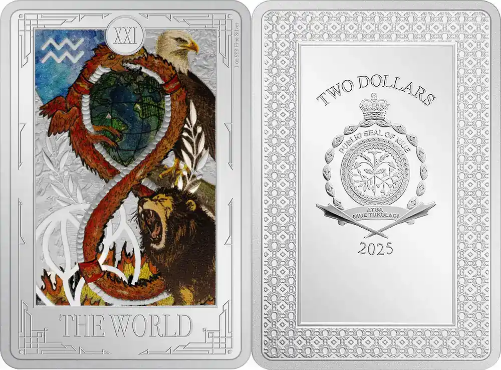 Herstellerpreis - Niue 2 2025 1 oz Silbermünze Tarotkarten – Die Welt PP