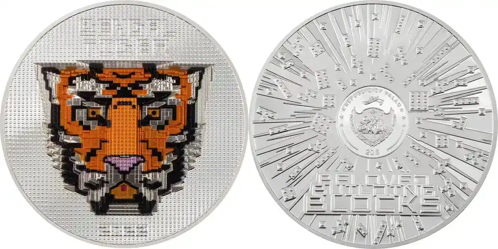 Palau 20 2022 5 oz Silbermünze Beloved Building Blocks – Bengal Tiger PP - Neue Ware
