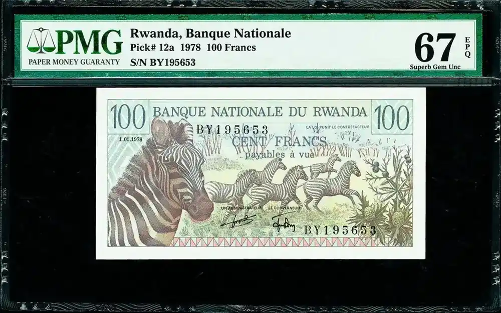 100 Francs 1.01.1978 Rwanda Pick-12a SUPERB GEM UNC PMG 67 EPQ - Mega-Angebot