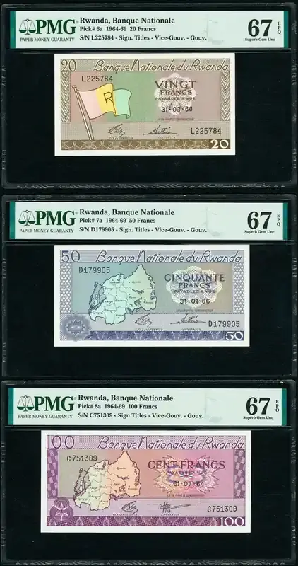 Sparangebot - 100 Francs Rwanda 3 Pcs Set 20, 50 1964-69 P-6a 7a 8a SUPERB GEM UNC PMG 67 EPQ