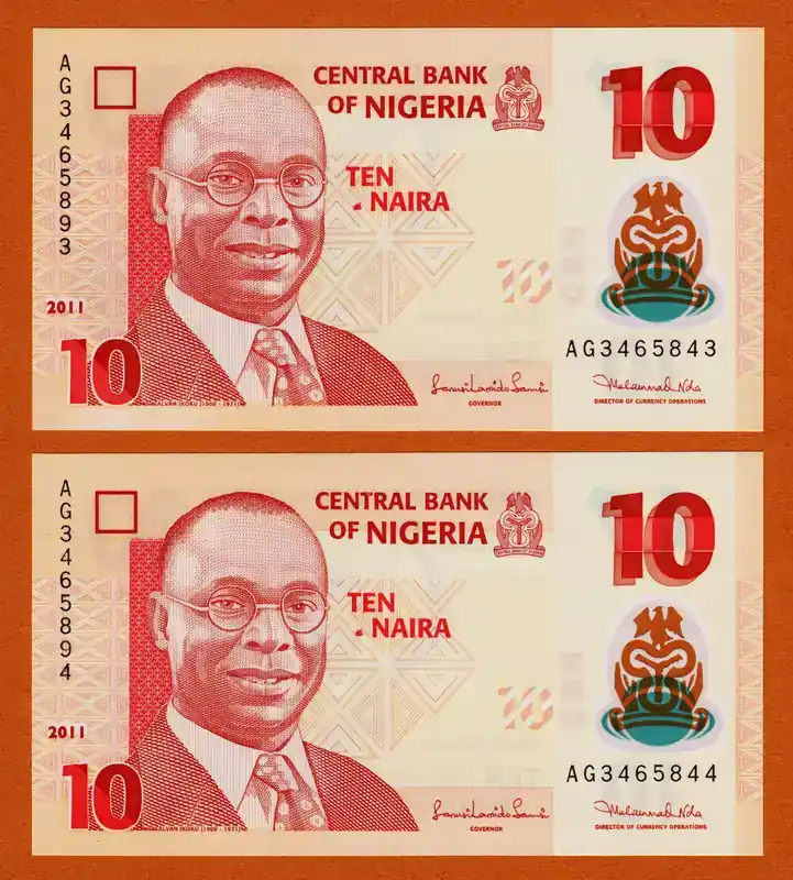 10 Naira Nigeria Polymer ERROR 2 Consecutive Mismatched Serial UNC unz | Reduziert