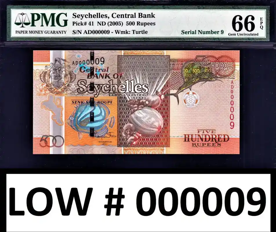 500 Rupees 2005 Seychelles ND LOW Serial 000009 Pick-41 GEM UNC PMG 66 EPQ - Markenqualität