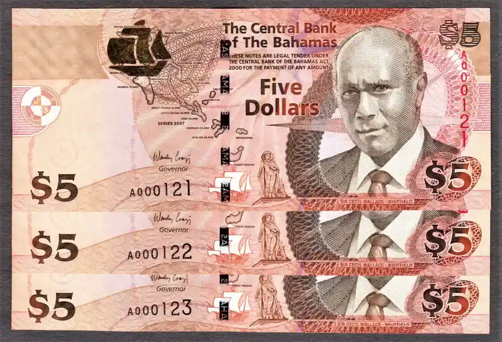 5 Dollars 2007 Bahamas ONE Note First Prefix LOW Serial A 000122 P-72a GEM UNC unz - Top-Angebot