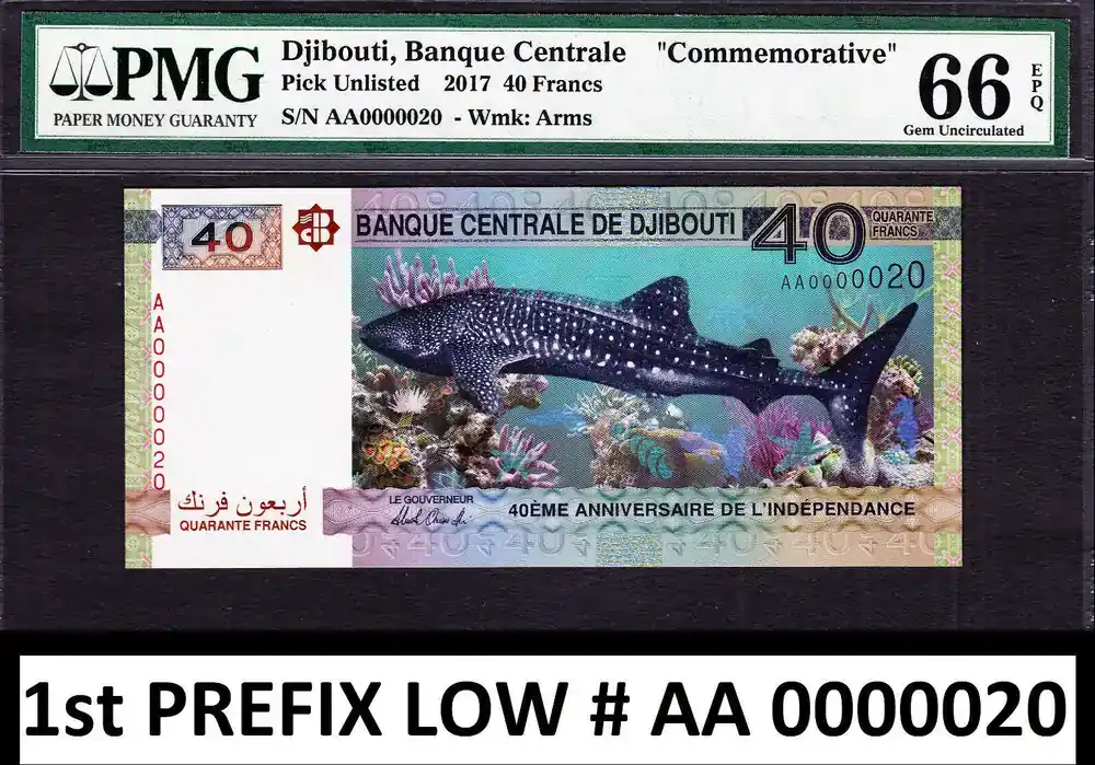 Sonderpreis - 40 Francs 2017 Djibouti Commemorative LOW Serial AA 0000020 GEM UNC PMG 66 EPQ