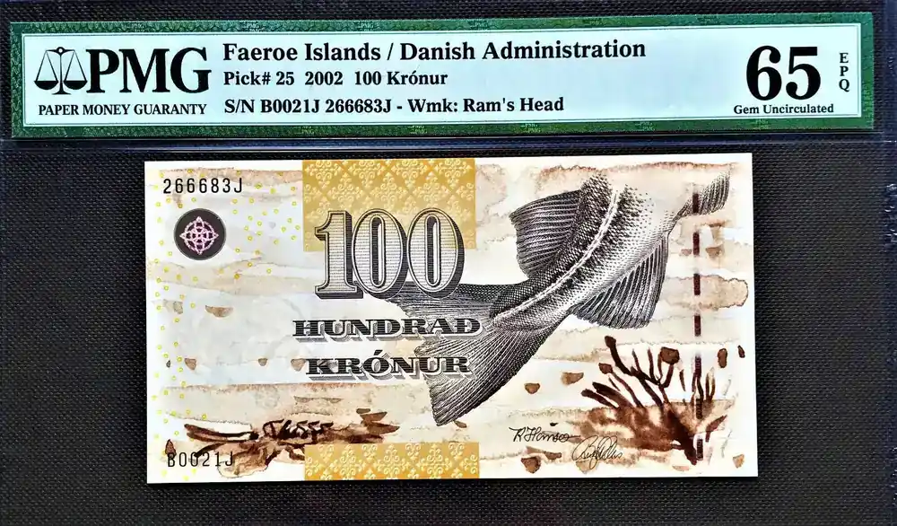 100 Kronur 2002 Faeroe Islands Pick-25 GEM UNC PMG 65 EPQ | Sonderaktion