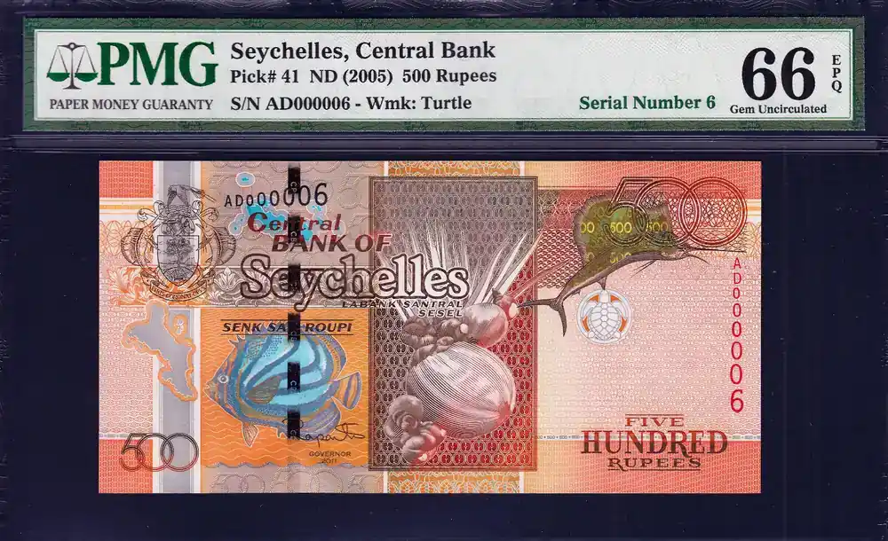 500 Rupees 2005 Seychelles ND LOW Serial 000006 Pick-41 GEM UNC PMG 66 EPQ - Top bewertet