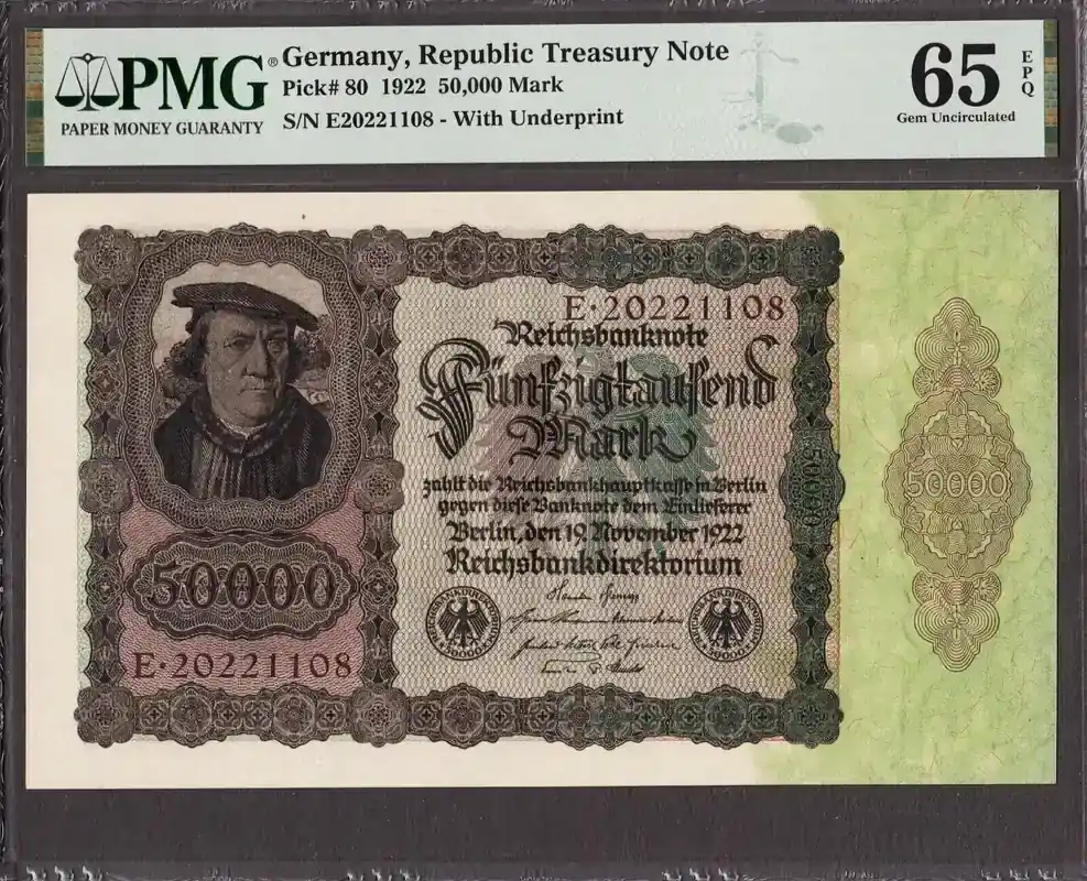50,000 Mark 1922 Germany Prefix Letter (E) Pick-80 GEM UNC PMG 65 EPQ - Letzte Stücke