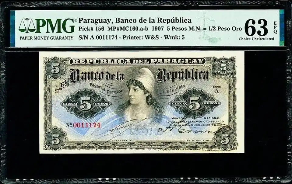 5 Pesos 1907 Paraguay Pick-156 Choice UNC PMG 63 EPQ | Aktionspreis