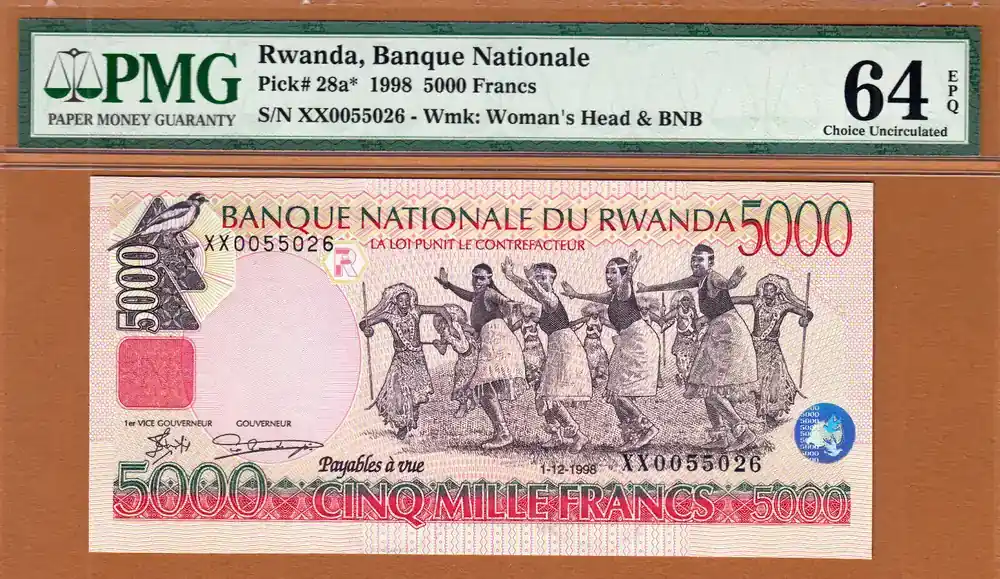 5000 Francs 1998 Rwanda Replacement (XX) Pick-28a Ch UNC PMG 64 EPQ - Neu verfügbar
