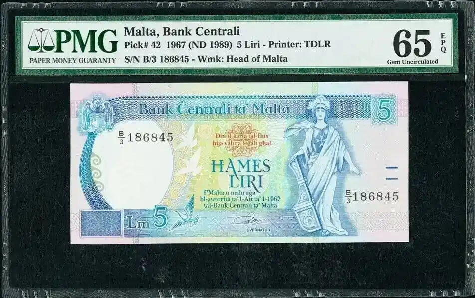 5 Liri Malta 1967 (ND 1989) Pick-42 GEM UNC PMG 65 EPQ | Preisnachlass