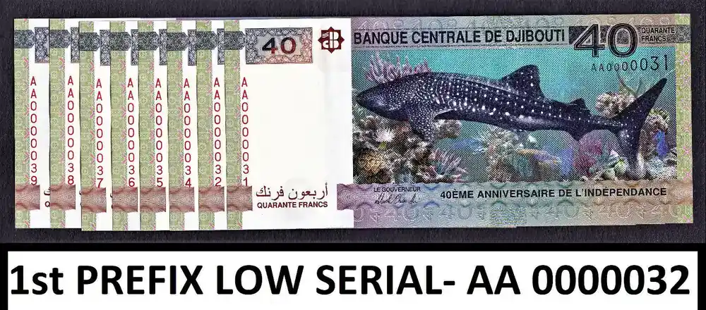 40 Francs 2017 Djibouti Commemorative FIRST Prefix LOW Serial AA 0000032 UNC unz - Günstig