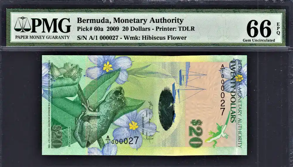 2009 Bermuda 20 Hybrid Polymer 1st Prefix LOW A/1 000027 P-60a GEM UNC PMG 66 | Knallerpreis