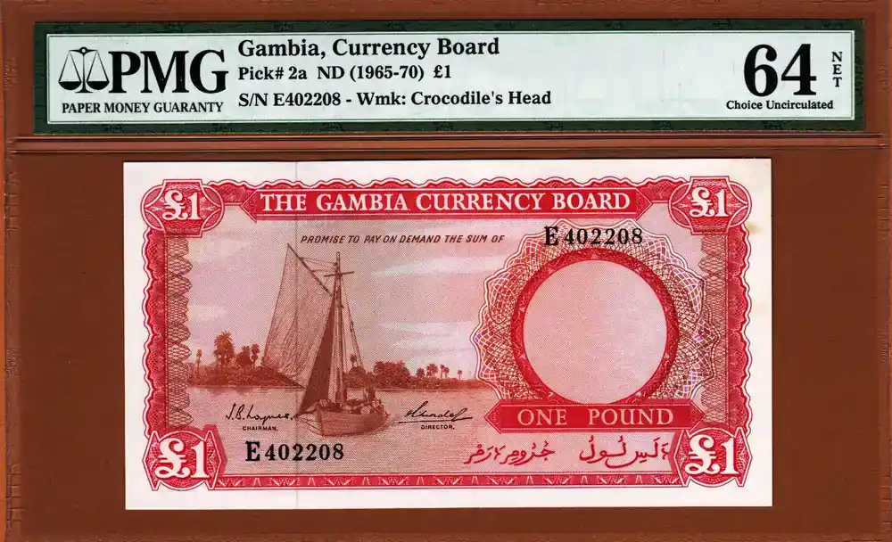 Pound Gambia One Pick-2a 1965-70 Choice UNC PMG 64 NET - Nur für kurze Zeit