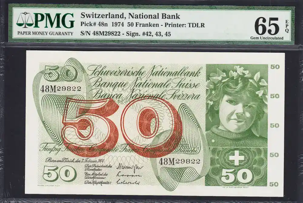 50 Francs 1974 Switzerland Pick-48n GEM UNC PMG 65 EPQ | Aktion