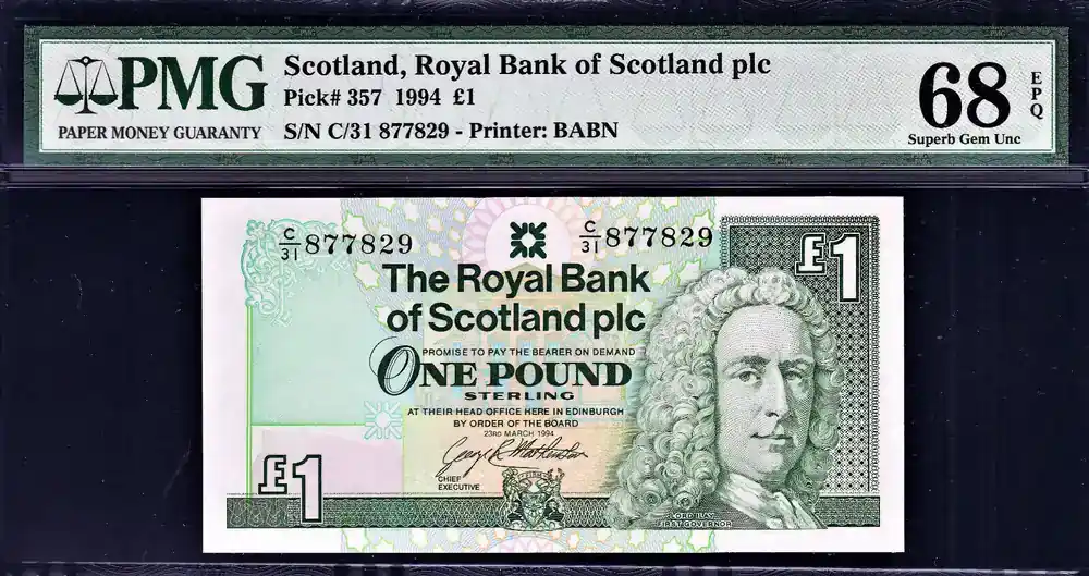 Sale - Pound 1994 Scotland One Pick-357 Superb GEM UNC PMG 68 EPQ HIGHEST GRADED !