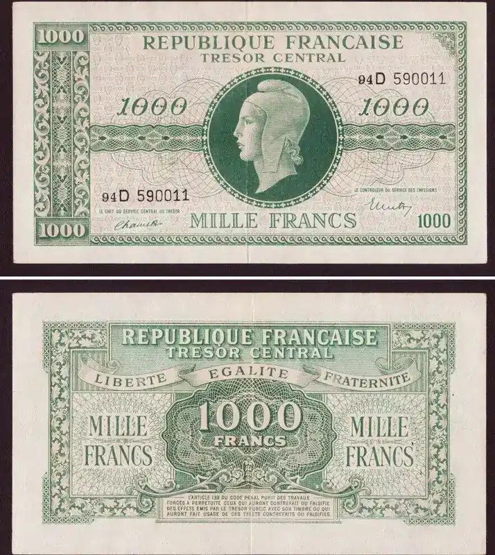 Verfügbar - 1000 Francs 1944 France ND Pick-107 GEF
