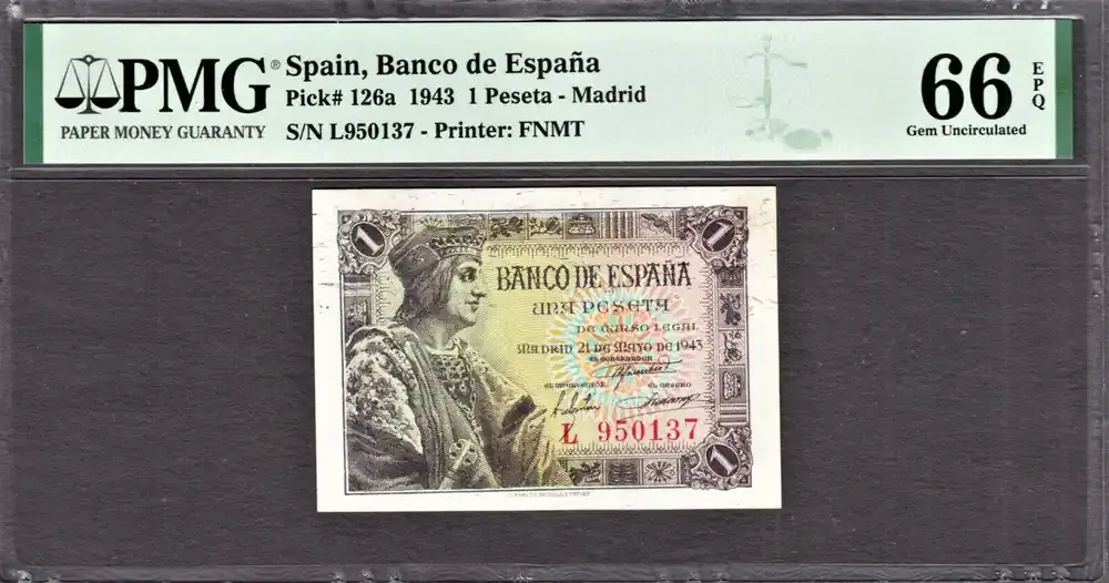 Deal | Peseta 1943 Spain One Serie (L) Pick-126a GEM UNC PMG 66 EPQ