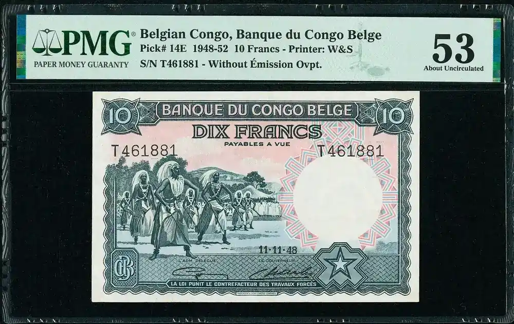 Meistverkauft | 10 Francs 1948-11-11 Belgian Congo Pick-14E About UNC PMG 53