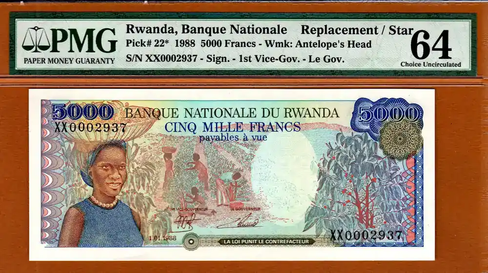 Hohe Qualität | 5000 Francs 1988 Rwanda Replacement (XX) Pick-22 Ch UNC PMG 64