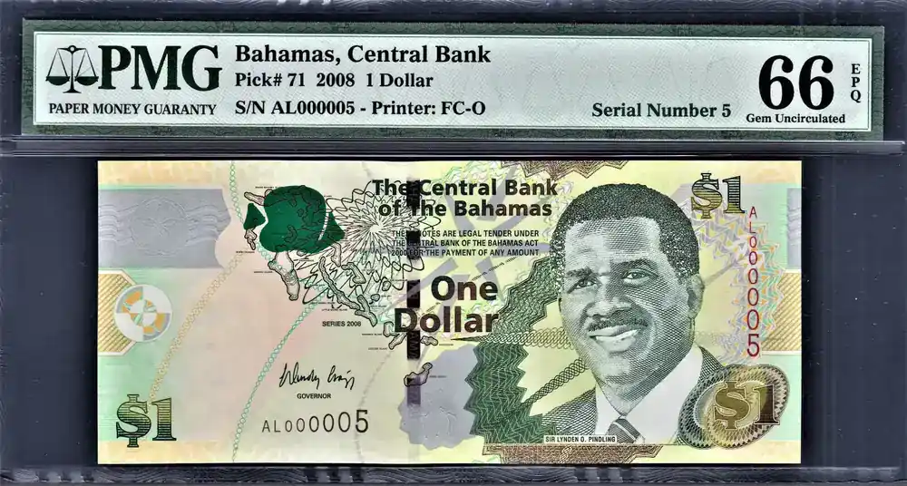 Preiswert | 2008 2008 Bahamas 1 LOW Serial 000005 Pick-71 GEM UNC PMG 66 EPQ
