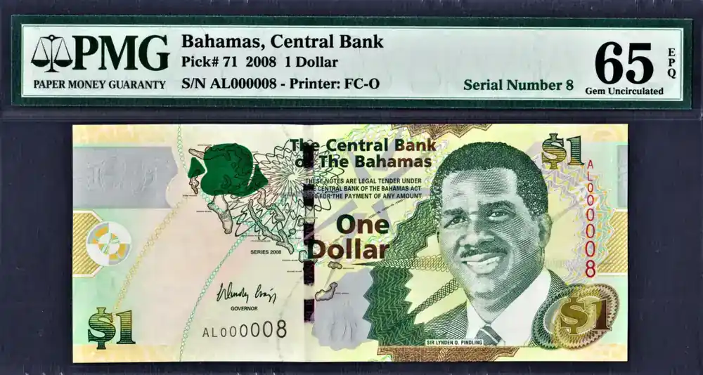 Hohe Qualität | 2008 2008 Bahamas 1 LOW Serial 000008 Pick-71 GEM UNC PMG 65 EPQ
