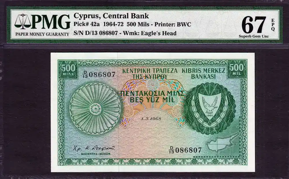 Online bestellen | 500 Mils 1968 Cyprus Pick-42a SUPERB GEM UNC PMG 67 EPQ