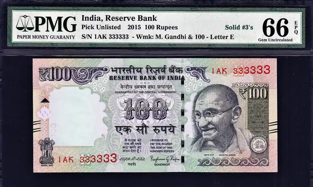 Vorteilspreis | 100 Rupees 2015 India SOLID Serial 333333 GEM UNC PMG 66 EPQ