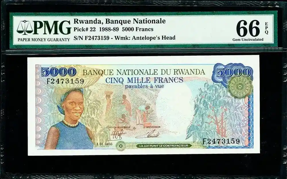 5000 Francs 1.01.1988 Rwanda Pick-22 GEM UNC PMG 66 EPQ | Hammerpreis