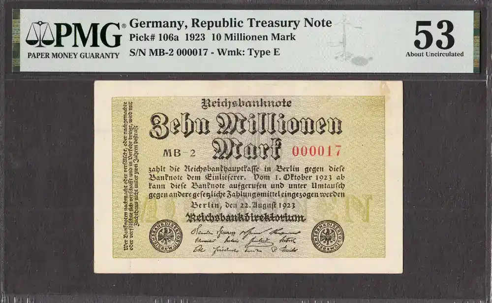 10 Millionen Mark 1923 Germany LOW Serial 000017 Pick-106a About UNC PMG 53 | Markenqualität