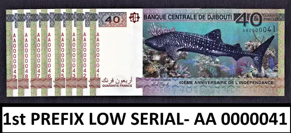 40 Francs 2017 Djibouti Commemorative FIRST Prefix LOW Serial AA 0000041 UNC unz | Expressversand
