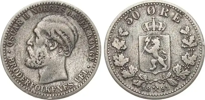 Norwegen 50 Øre 1891 Oskar II. fss | Begrenztes Angebot