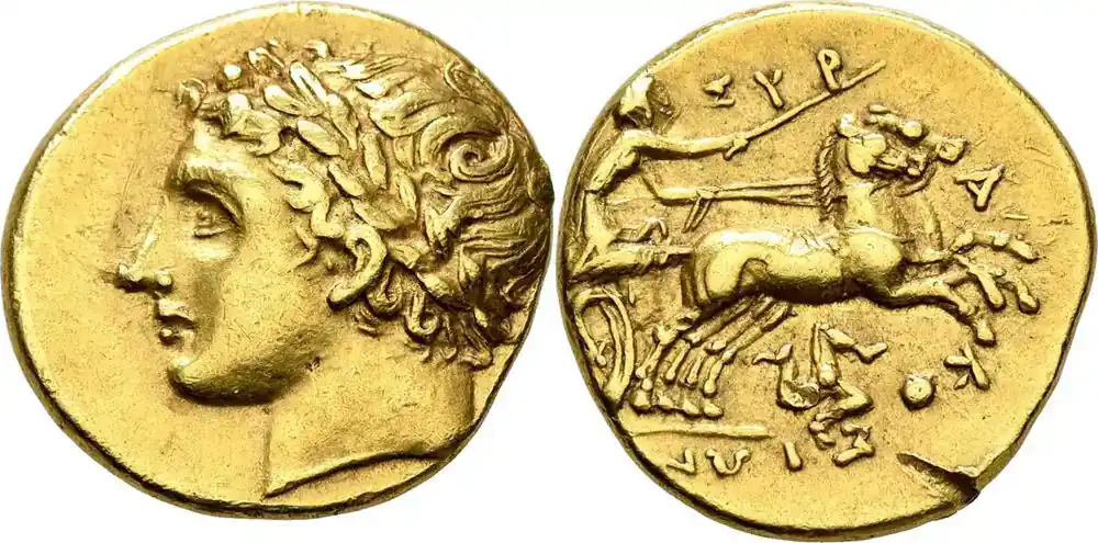 Schnäppchen | Ancient Greek circa 317 – 310 BC. Sicily, Syracuse AU Dekadrachm or 50 Litrai – Tyrant Agathokles Ch VF