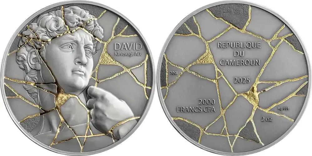 DAVID Kintsugi Art 2 Oz Silver Coin 2000 Francs Cameroon 2025 Antique Finish | Meistverkauft
