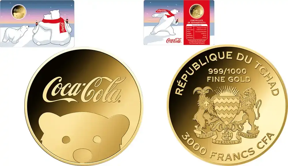 COCA COLA POLAR BEAR 1/1000 Oz Gold Coin 3000 Francs Chad 2023 Prooflike | Direkt ab Werk