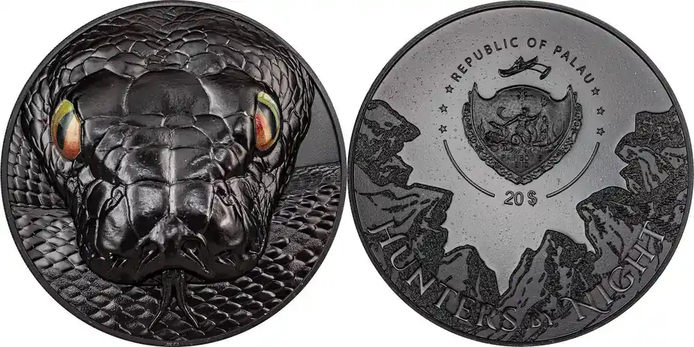 20 Dollars PYTHON Hunters by Night 5 Oz Silver Coin 20 Palau 2022 Obsidian Black PP | Hochwertig