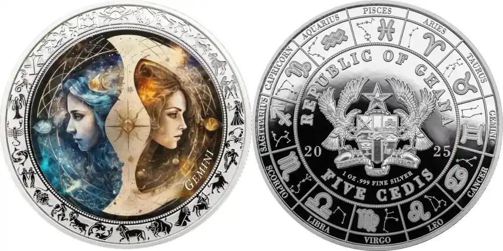 GEMINI Space Zodiac 1 Oz Silver Coin 5 Cedis Ghana 2025 PP | Versandbereit