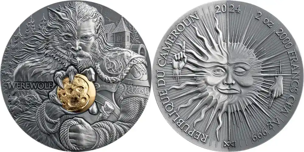 WEREWOLF Dual Essence 2 Oz Silver Coin 2000 Francs Cameroon 2024 Antique Finish | Geprüfte Qualität