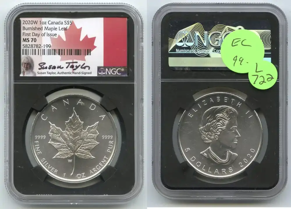 Bewährte Qualität | Anlagemünzen 2020 W Canada 5 Burnished Maple Leaf 1 oz Silver NGC MS70 First Day Taylor L722