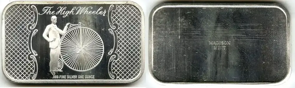 Premium - Anlagemünzen Medal The High Wheeler 999 Silver 1 oz Art Bar Ingot Madison Mint – H443