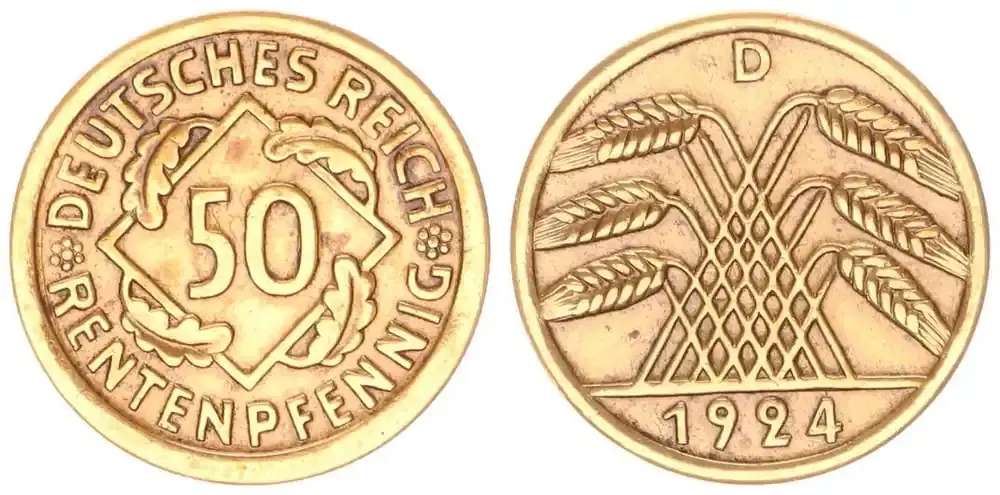 Weimarer Republik 50 Rentenpfennig 1924 D Lichtenrader Prägung fast vz | Topseller