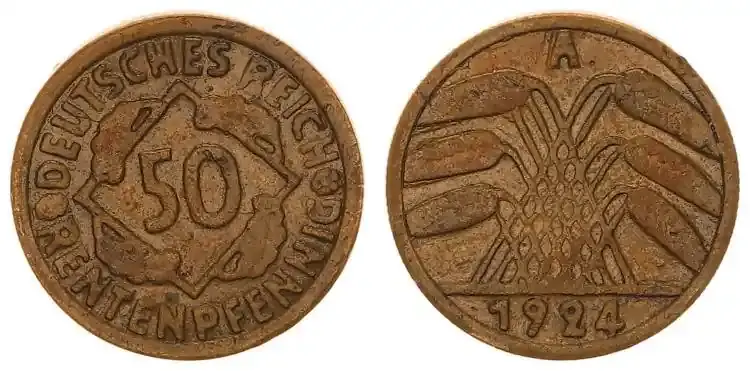 Deutschland / Weimar Zeitgenössische Fälschung 50 Pfennig Weimar 50 Rentenpfennig 1924 A Zeitgenössische Fälschung s-ss - Wochenendangebot