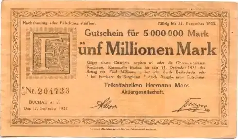 Top-Qualität - Württemberg, 5 Mio. Mark 17.9.1923, Buchau – Trikotfabrik H. Moos, ss-