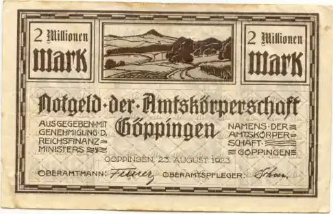 Günstig - Württemberg, 2 Mio. Mark 23.8.1923, Göppingen – Amtskörperschaft, ss-