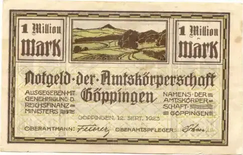 Württemberg, 1 Mio. Mark 12.9.1923, Göppingen – Amtskörperschaft, stockfleckig, ss - Sale
