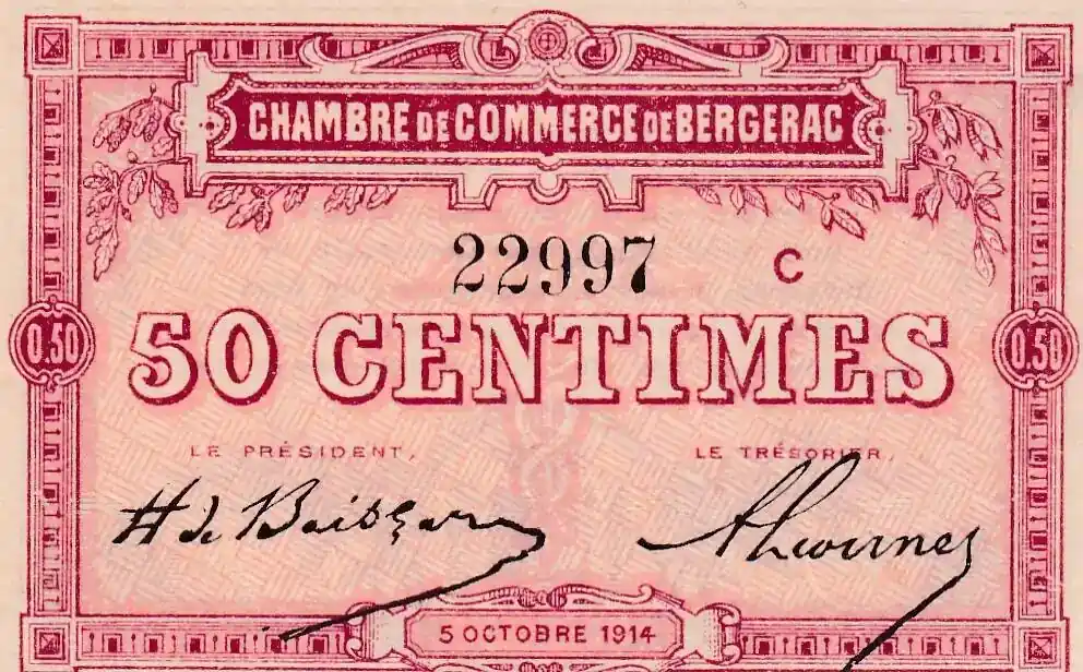 Frankreich 1914 50 Centimes – Chambre de Commerce – Bergerac – 05-10-1914 – Série C 22997 II / VZ | Aktion