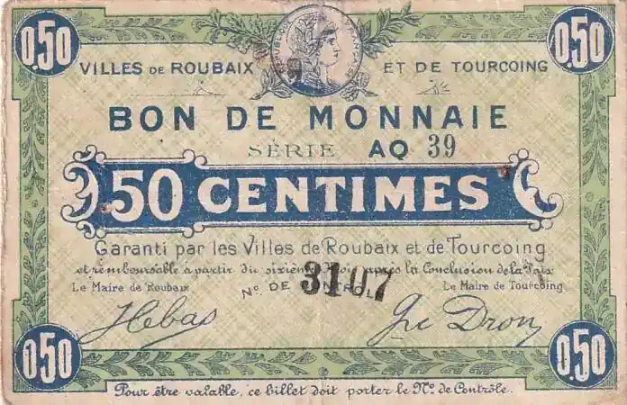 Frankreich 50 Centimes – Ville – Roubaix-Tourcoing – Série AQ39 III / SS - Werkspreis