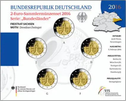Deutschland 5 x 2 Euro 2016 Stempelglanz – Dresdner Zwinger im Folder | Nur begrenzt verfügbar