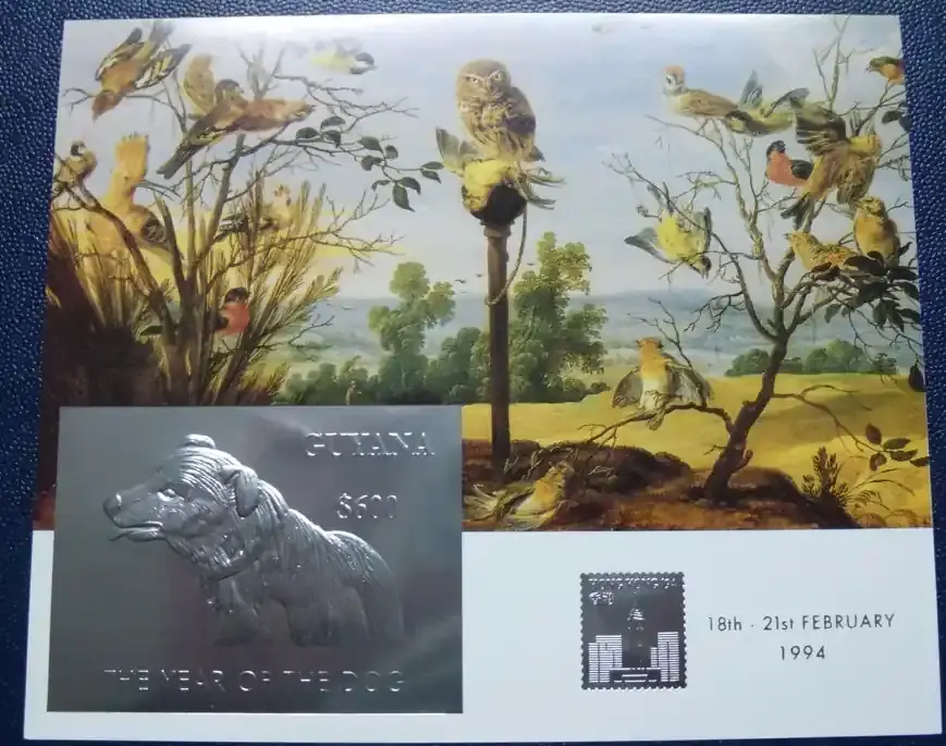 Briefmarken 1994 Guyana Jahr des Hundes Eule Vögel Gemälde Dog Owl Bird Silber Block 384 MNH | Neu eingetroffen
